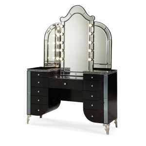 AICO by Michael Amini - Hollywood Swank Upholstered Vanity and Mirror in Black Iguana
