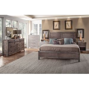 American Woodcrafters - Aurora 4 Pc Bedroom Set - Queen Sleigh Bed w/Panel Footboard, Dresser, Mirror, 1 Drawer Nightstand - Weathered Grey - 2800-QSLPN-4PC