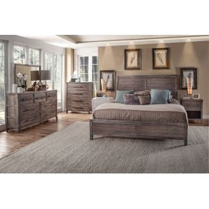 American Woodcrafters - Aurora 5 Pc Bedroom Set - Queen Sleigh Bed w/Panel Footboard, Dresser, Mirror, 1 Drawer Nightstand, Chest - Weathered Grey - 2800-QSLPN-5PC