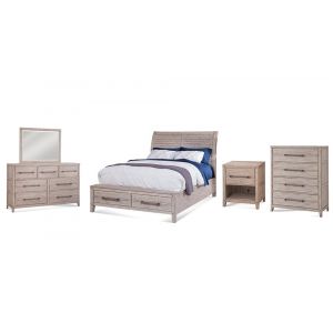 American Woodcrafters - Aurora 5 Pc Bedroom Set - Queen Sleigh Bed w/ Storage Footboard, Dresser, Mirror, Chest, 1 Drawer Nightstand - Whitewash - 2810-QSLST-5PC