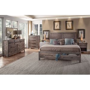 American Woodcrafters - Aurora 5 Pc Bedroom Set - Queen Sleigh Storage Bed, Dresser, Mirror, Chest, 1 Drawer Nightstand - Weathered Grey - 2800-QSLST-5PC