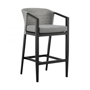 Armen Living - Aileen Outdoor Patio Counter Height Bar Stool in Aluminum and Wicker with Grey Cushions - 840254333185