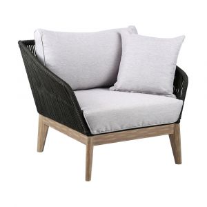 Armen Living - Athos Indoor Outdoor Club Chair in Light Eucalyptus Wood with Latte Rope and Grey Cushions - LCATCHWDLT