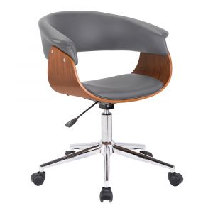 Armen Living - Bellevue Mid-Century Office Chair in Chrome Finish with Gray Faux Leather and Walnut Veneer - LCBVOFCHWAGR