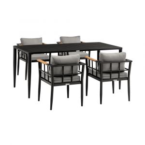 Armen Living - Beowulf Outdoor Patio 5-Piece Dining Table Set in Aluminum and Teak with Grey Cushions - 840254333291