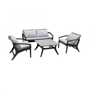 Armen Living - Brighton 4 Piece Outdoor Patio Seating Set in Dark Eucalyptus Wood with Grey Rope and White Cushions - 840254336100
