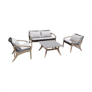 Armen Living - Brighton 4 Piece Outdoor Patio Seating Set in Light Eucalyptus Wood with Charocal Rope and White Cushions - 840254336155