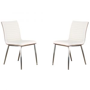 Armen Living - Caf� Brushed Stainless Steel Dining Chair in White Faux Leather with Walnut Back (Set of 2) - LCCACHWHB201