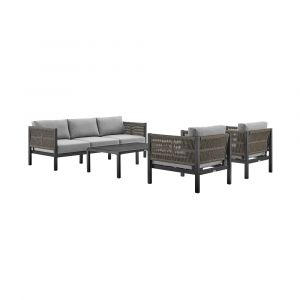Armen Living - Cuffay 4 Piece Outdoor Patio Furniture Set in Black Aluminum and Rope with Grey Cushions - 840254332447