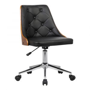 Armen Living - Diamond Mid-Century Office Chair in Chrome finish with Tufted Black Faux Leather and Walnut Veneer Back - LCDIOFCHBLACK