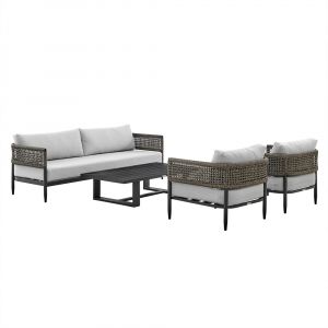 Armen Living - Felicia 4 Piece Outdoor Black Aluminum & Rope Conversation Set with Light Gray Fabric Cushions - 840254333093