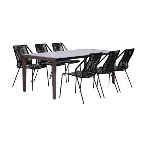 Armen Living - Fineline and Clip Indoor Outdoor 7 Piece Dining Set in Dark Eucalyptus Wood with Superstone and Black Rope - SETFLDIDK7CPBL