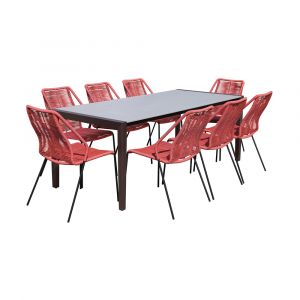 Armen Living - Fineline and Clip Indoor Outdoor 9 Piece Dining Set in Dark Eucalyptus Wood with Superstone and Brick Red Rope - SETFLDIDK9CPBRK