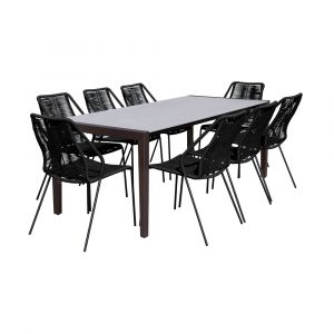 Armen Living - Fineline and Clip Indoor Outdoor 9 Piece Dining Set in Dark Eucalyptus Wood with Superstone and Black Rope - SETFLDIDK9CPBL