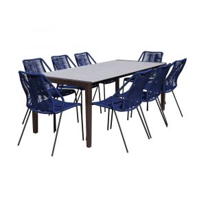 Armen Living - Fineline and Clip Indoor Outdoor 9 Piece Dining Set in Dark Eucalyptus Wood with Superstone and Blue Rope - SETFLDIDK9CPBLU