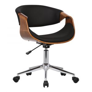 Armen Living - Geneva Mid-Century Office Chair in Chrome finish with Black Faux Leather and Walnut Veneer Arms - LCGEOFCHBLACK
