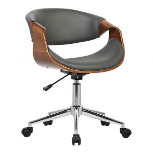 Armen Living - Geneva Mid-Century Office Chair in Chrome finish with Gray Faux Leather and Walnut Veneer Arms - LCGEOFCHGREY