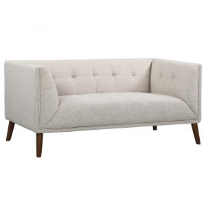 Armen Living - Hudson Mid-Century Button-Tufted Loveseat in Beige Linen and Walnut Legs - LCHU2BE
