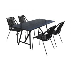 Armen Living - Koala and Clip 5 Piece Dining Set in Dark Eucalyptus Wood and Metal with Black Rope  - 840254332324