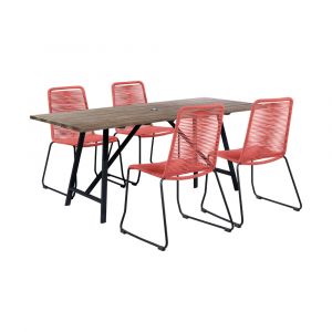 Armen Living - Koala and Shasta 5 Piece Outdoor Patio Dining Set in Light Eucalyptus Wood and Brick Red Rope - 840254336391