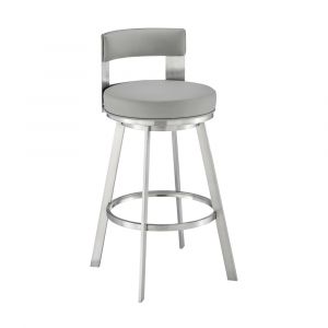 Armen Living - Lynof Swivel Bar Stool in Brushed Stainless Steel with Light Grey Faux Leather - 840254335523