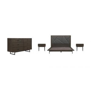 Armen Living - Marquis 4 Piece Queen Size Platform Bed Frame Bedroom Set in Oak Wood with Faux Leather Headboard - SETMUBDGRQN4A