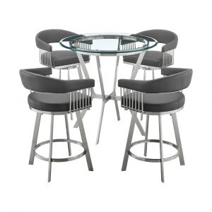 Armen Living - Naomi and Chelsea 5-Piece Counter Height Dining Set in Brushed Stainless Steel and Grey Faux Leather - SETNMCHGRBS5