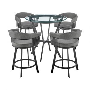 Armen Living - Naomi and Chelsea 5-Piece Counter Height Dining Set in Black Metal and Grey Faux Leather - SETNMCHGRBL5