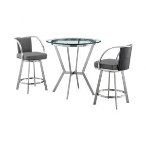 Armen Living - Naomi and Livingston 3-Piece Counter Height Dining Set in Brushed Stainless Steel and Grey Faux Leather - SETNMLVGRBS3