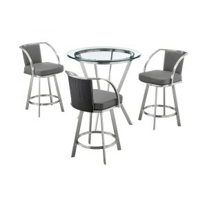 Armen Living - Naomi and Livingston 4-Piece Counter Height Dining Set in Brushed Stainless Steel and Grey Faux Leather - SETNMLVGRBS4