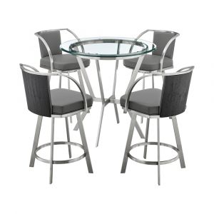 Armen Living - Naomi and Livingston 5-Piece Counter Height Dining Set in Brushed Stainless Steel and Grey Faux Leather - SETNMLVGRBS5