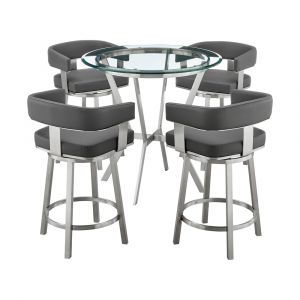Armen Living - Naomi and Lorin 5-Piece Counter Height Dining Set in Brushed Stainless Steel and Grey Faux Leather - SETNMLRGRBS5