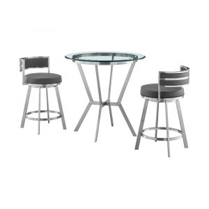 Armen Living - Naomi and Roman 3-Piece Counter Height Dining Set in Brushed Stainless Steel and Grey Faux Leather - SETNMRMGRBS3