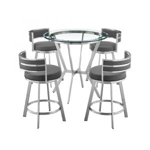 Armen Living - Naomi and Roman 5-Piece Counter Height Dining Set in Brushed Stainless Steel and Grey Faux Leather - SETNMRMGRBS5