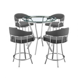 Armen Living - Naomi and Valerie 5-Piece Counter Height Dining Set in Brushed Stainless Steel and Grey Faux Leather - SETNMVLGRBS5