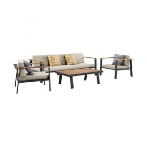 Armen Living - Nofi 4 piece Outdoor Patio Set in Charcoal Finish with Taupe Cushions and Teak Wood - SETODNOBE