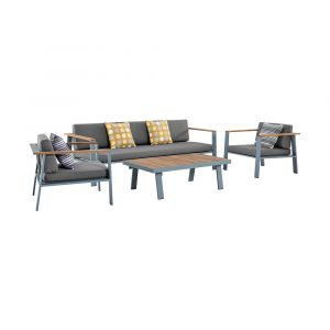 Armen Living - Nofi 4 piece Outdoor Patio Set in Gray Finish with Gray Cushions and Teak Wood  - SETODNOGR