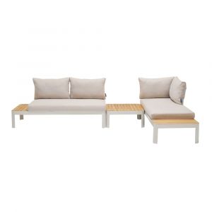 Armen Living - Portals Outdoor 3 Piece Sofa Set in Light Matte Sand Finish with Natural Teak Wood Top Accent - SETODPLT3AAB