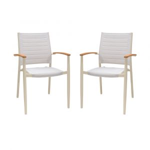 Armen Living - Portals Outdoor Coral Sand Aluminum Stacking Dining Chair with Teak Arms (Set of 2) - LCPLCHNAT
