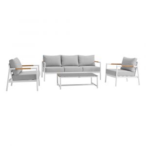 Armen Living - Royal 4 Piece White Aluminum and Teak Outdoor Seating Set with Light Gray Cushions - 840254332874