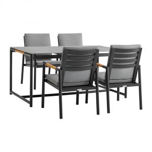 Armen Living - Royal 5 Piece Black Aluminum and Teak Outdoor Dining Set with Dark Gray Fabric - 840254332836