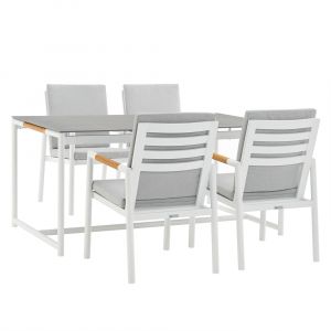 Armen Living - Royal 5 Piece White Aluminum and Teak Outdoor Dining Set with Light Gray Fabric - 840254332850
