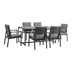 Armen Living - Royal 7 Piece Black Aluminum and Teak Outdoor Dining Set with Dark Gray Fabric - 840254332843