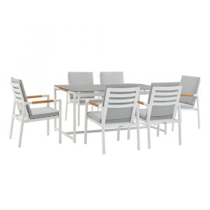 Armen Living - Royal 7 Piece White Aluminum and Teak Outdoor Dining Set with Light Gray Fabric - 840254332867