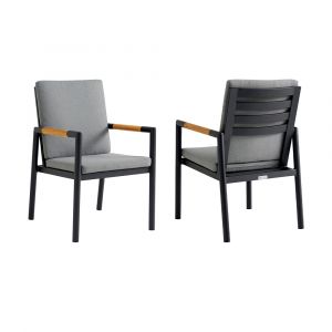 Armen Living - Royal Black Aluminum and Teak Outdoor Dining Chair with Dark Gray Fabric (Set of 2) - 840254332782