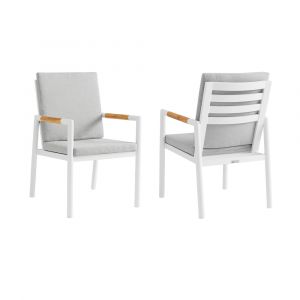 Armen Living - Royal White Aluminum and Teak Outdoor Dining Chair with Light Gray Fabric (Set of 2) - 840254332799