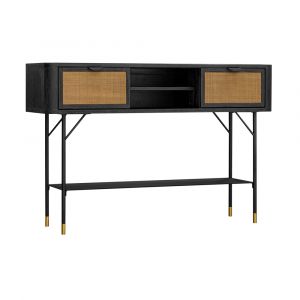 Armen Living - Saratoga Console Table in Black Acacia with Rattan - LCSRCNBL