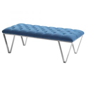 Armen Living - Serene Contemporary Tufted Bench in Brushed Stainless Steel with Blue Fabric - LCSRBEBLUE