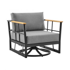 Armen Living - Shari Outdoor Patio Swivel Glider Lounge Chair in Black Aluminum and Teak Wood with Cushions - 840254332546