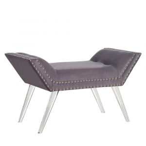 Armen Living - Silas Ottoman Bench in Gray Tufted Velvet with Nailhead Trim and Acrylic Legs - LCSIBEGRAY